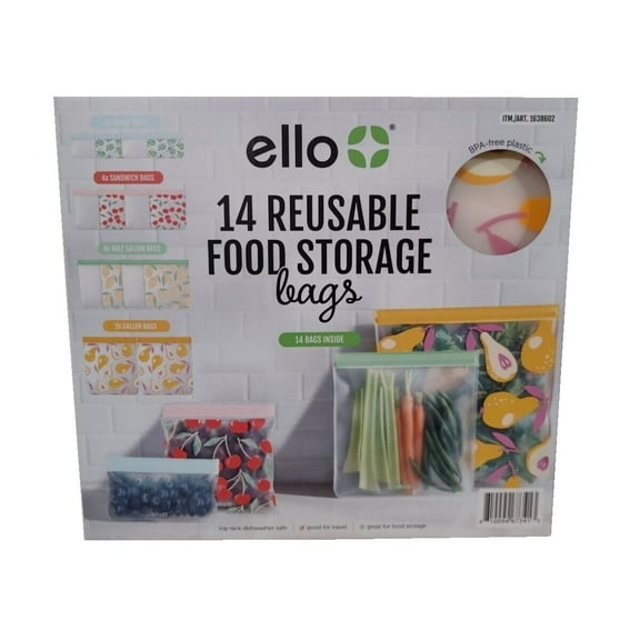 Ello Leak-Proof Plastic Ziplock BPA-Free Bags, 8.00" x 8.00" x 12.00", Multicolor 14 Count
