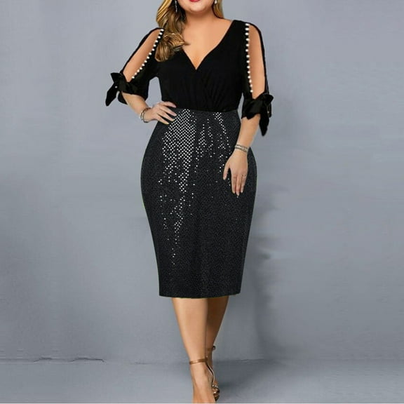 Womens Dress Clearance Plus Size Summer Casual Midi Clearance Dresses For Women 2023 Women Casual Solid Splicing V-Neck 3/4 Sleeve Bandage Sequins A-Line Dress
