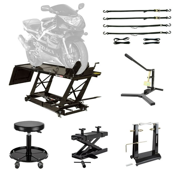 Black Widow Essential Motorcycle Shop Kit - 1,000 lb. Hydraulic Lift Table, Jack, Tire Bead Breaker, Wheel Balancer, Tie-Down Straps - Home or Garage