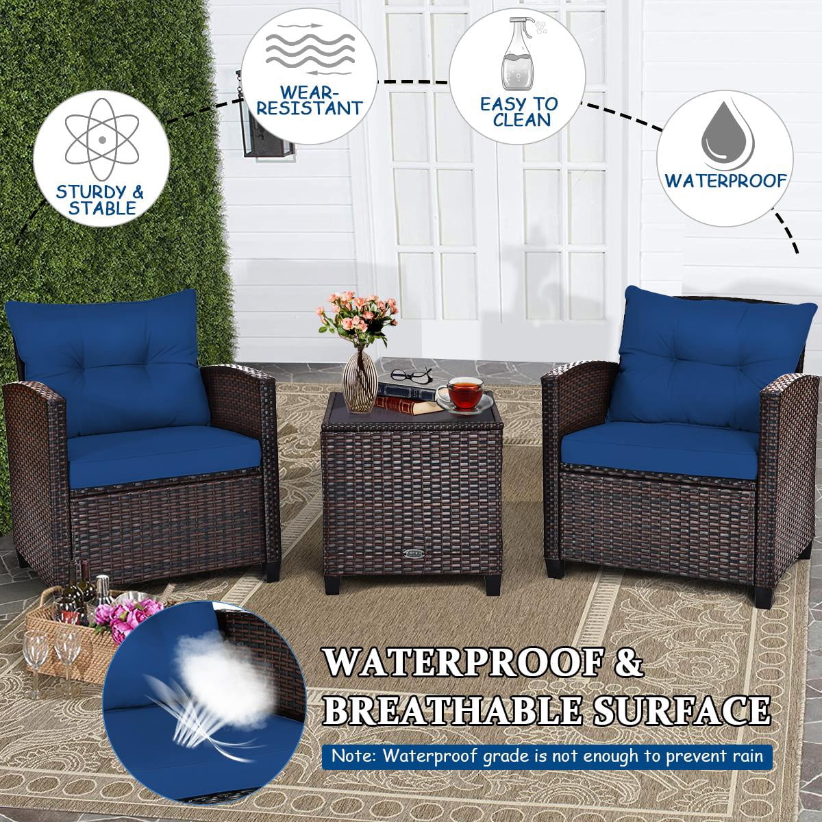 Giantex 3 Pieces Patio Furniture Set, PE Rattan Wicker 3 Pieces Outdoor Sofa Set with Washable Cushion and Tempered Glass Tabletop, Conversation Furniture for Garden Poolside Balcony (Navy)