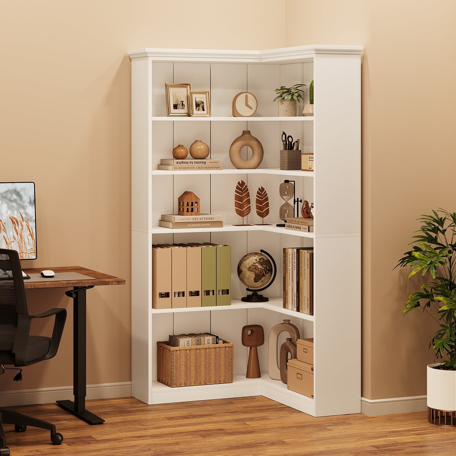 EuKer 5 Tier Corner Bookcase, L-Shaped Bookshelf with Large Storage Capacity for Living Room, Bedroom, Office (Full Panel, White)
