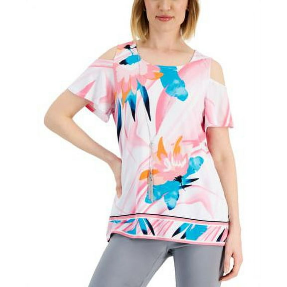 MSRP $55 Jm Collection Women Printed Cold-Shoulder w/Necklace Blouse Size 2XL