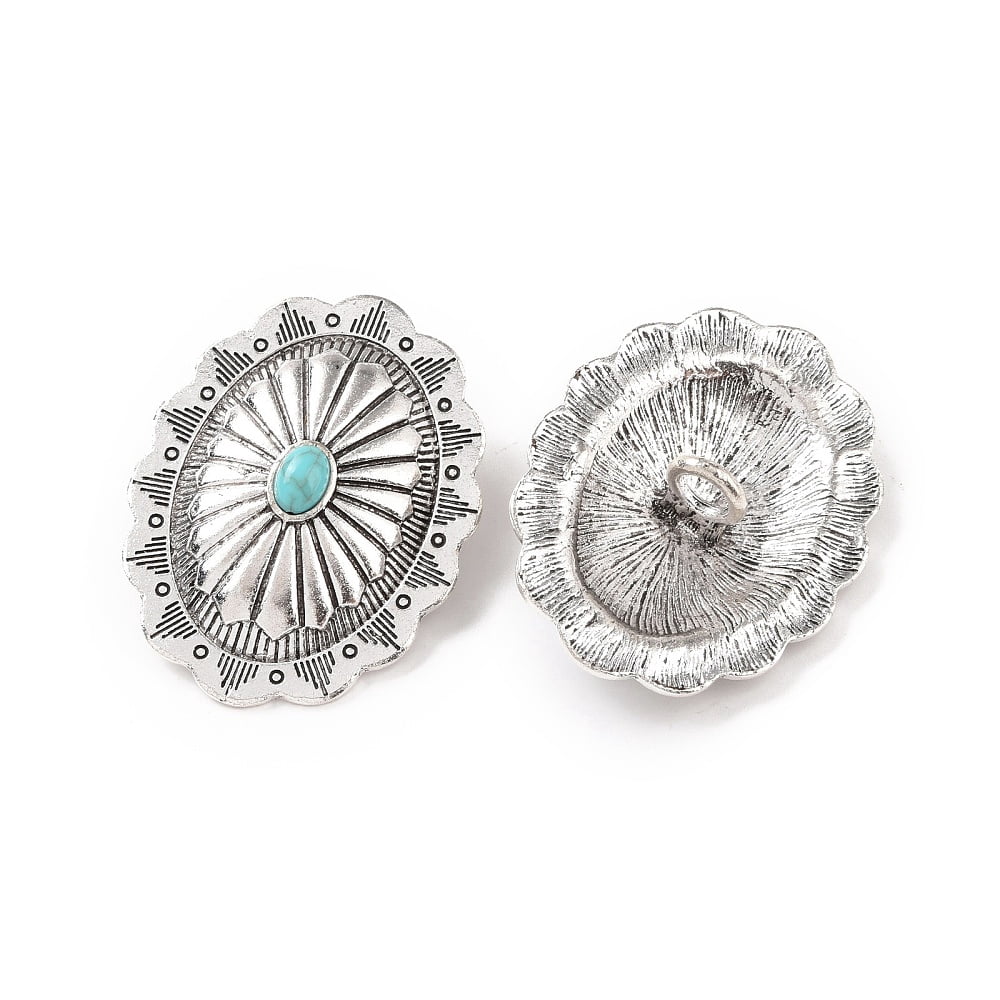 50pc 1-Hole Alloy Shank Buttons with Synthetic Turquoise Oval Antique Silver 44x34x14mm Hole: 5mm