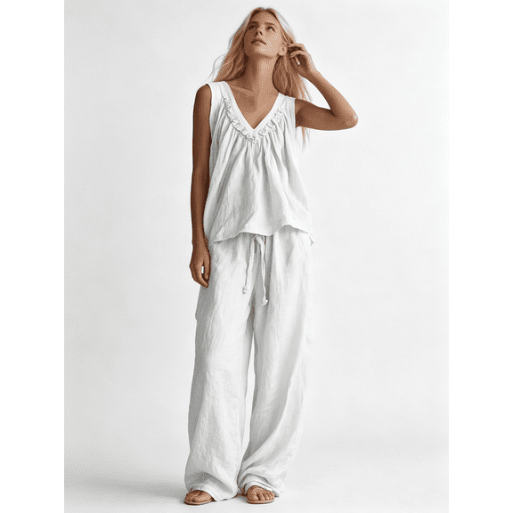 Busydd 2 Piece Sets for Women Sleeveless V Neck Tops and Wide Leg Pants Comfy Casual Solid Color Lounge Sets L