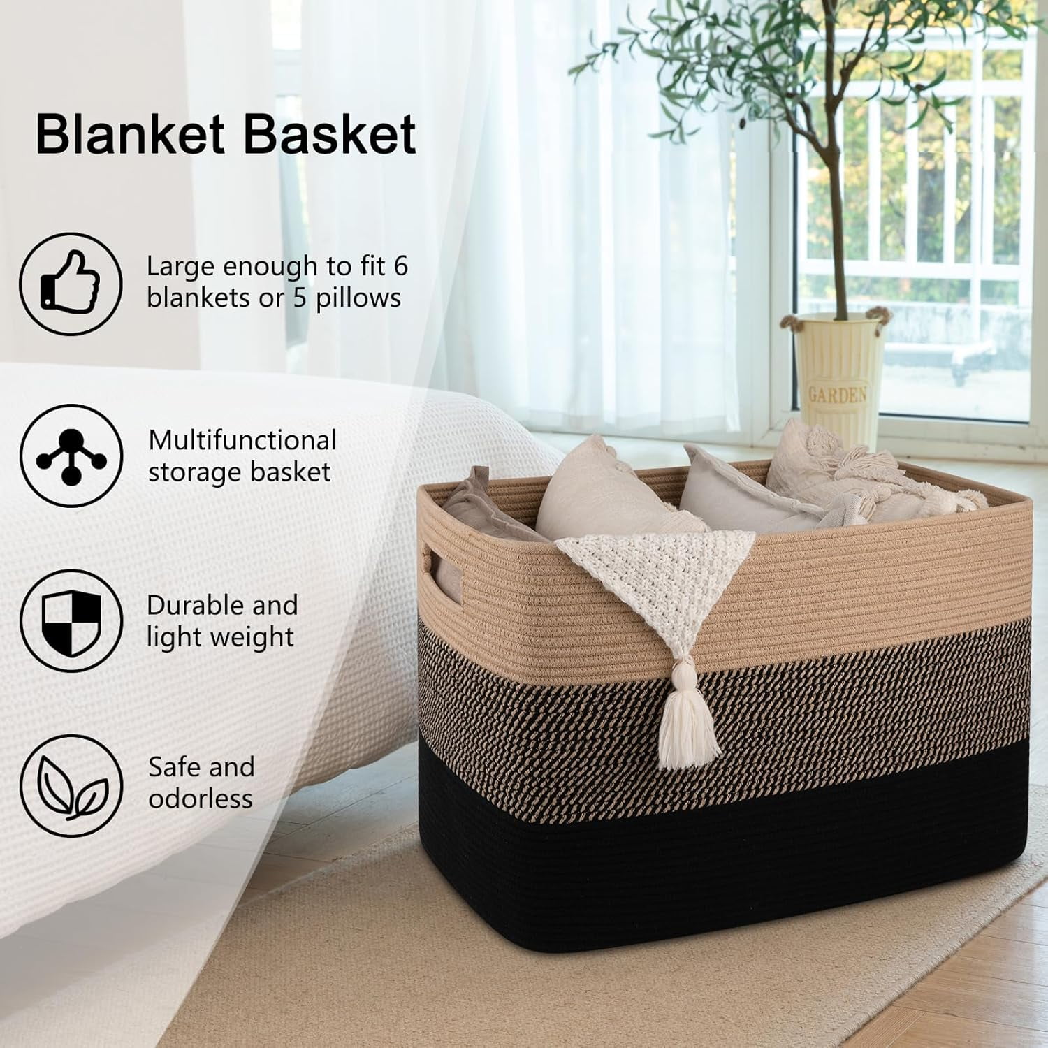 108L Super Large Blanket Basket, 25”x16”x16” Rectangle Woven Baskets for Storage, Cotton Rope Basket For Living Room, Toy Storage with Handle- Yellow and Black