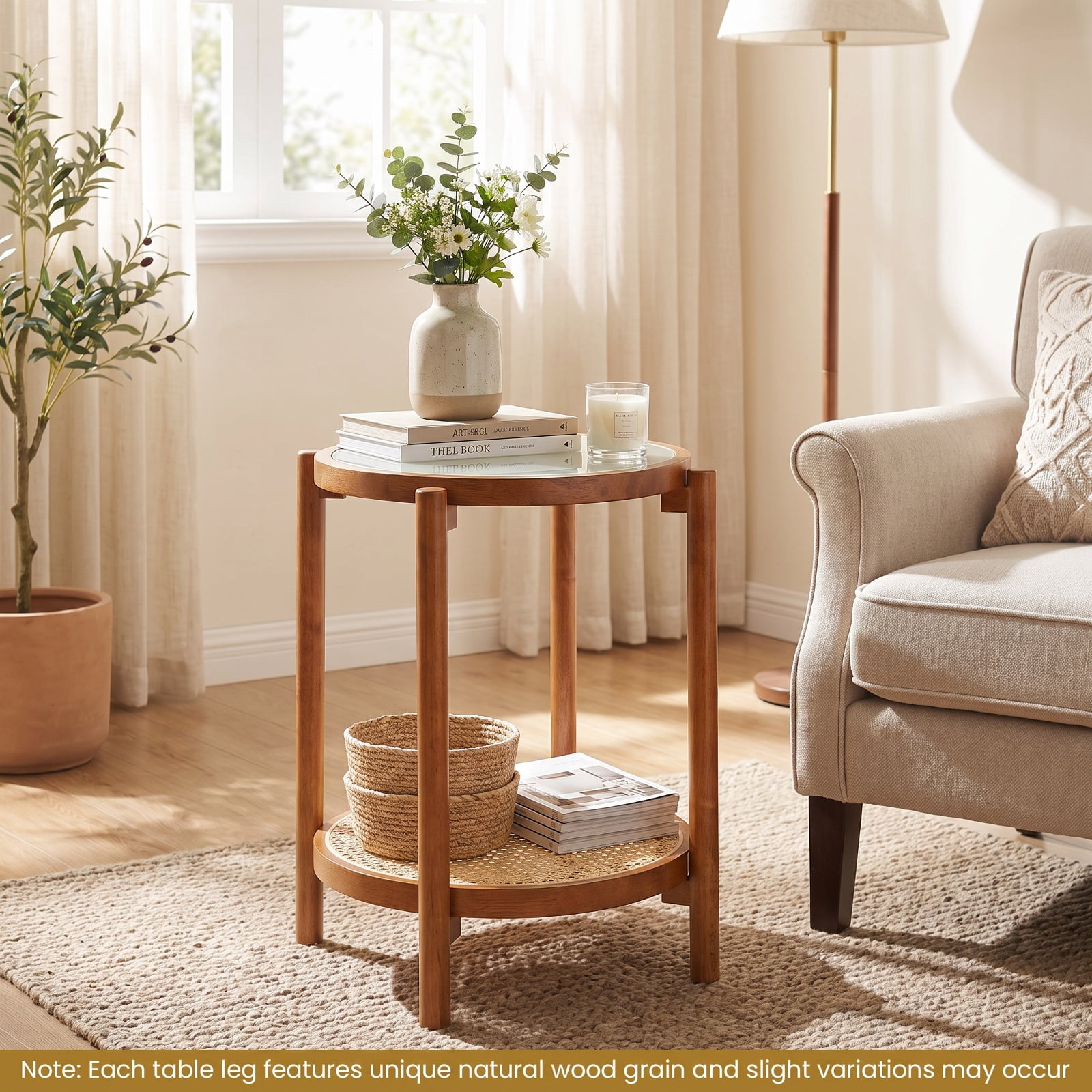 Furnibear Round Side Table 2 Tier Boho End Table with Tempered Glass Top and Woven Rattan Shelf on Acacia Wood Legs for Living Room, Walnut