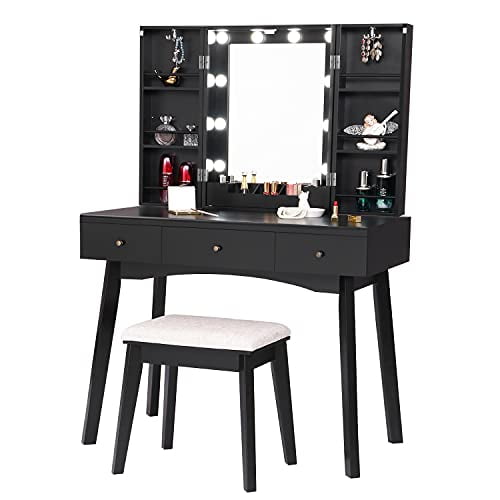 BEWISHOME Vanity Desk with Lighted Mirror, Makeup Vanity with Lights