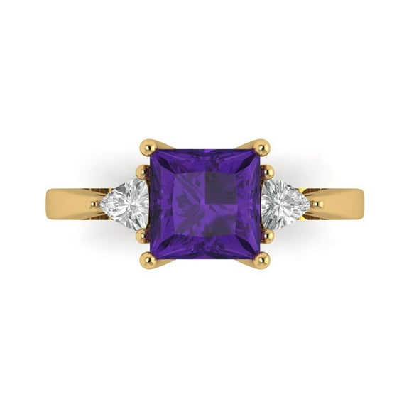 2.32 ctw 3 Stone Anniversary Ring for Women | Princess Cut Natural Amethyst | Hyperallergenic Solid 14K Yellow Gold
