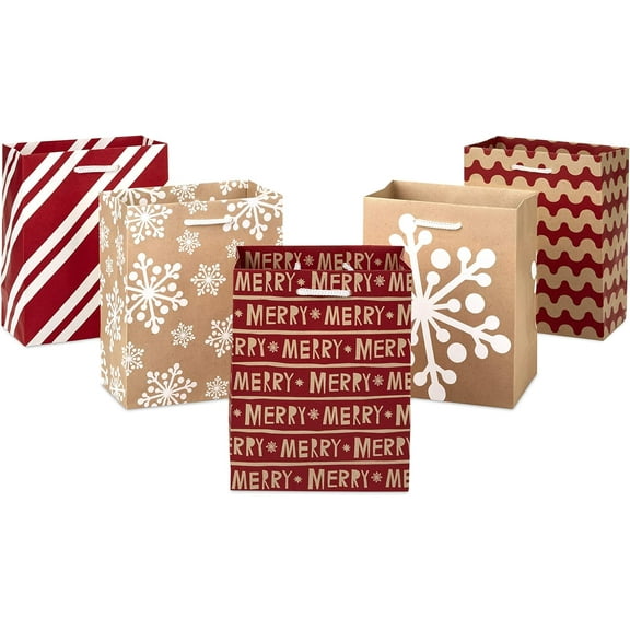 6" Small Holiday Gift Bag Set (Pack of 5; Red, White and Kraft) Snowflakes, Stripes, Merry (5XGB1798)