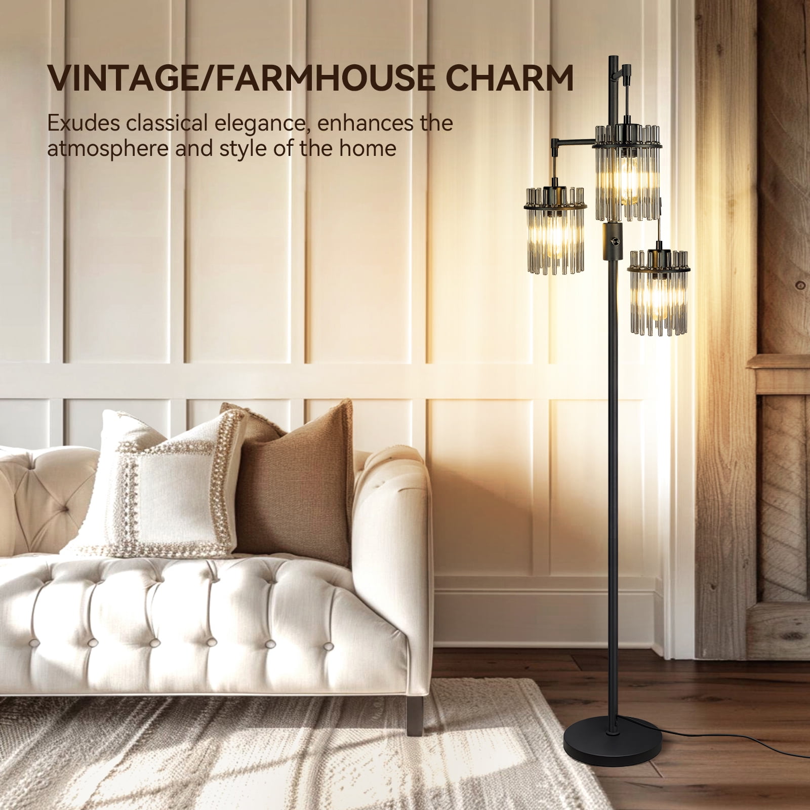 Industrial Modern Floor Lamps for Living Room, Dimmable Glass Tree Standing Tall Lamps with 3 Elegant Teardrop Cage Head & 800 Lumens LED Bulbs for Bedroom Office