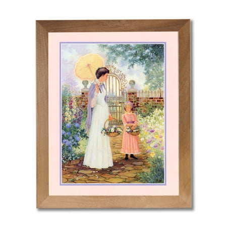 - Victorian Mother Woman Girl Flower Garden Wall Picture Honey Framed Art Print