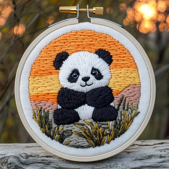 DIY Punch Needle Kits for Beginners Cute Panda Sit under Sunset with Hoop Embroidery Punch Needle Starter Set Easy for Adults and Kids Festival Gift and Decor 20x20cm-4