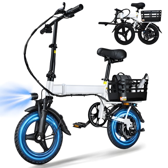 14" Folding Electric Bicycles with 350W Peak 500W,35 Miles 20MPH 12Ah Battery ,Ebike for Adults with Basket,UL2849