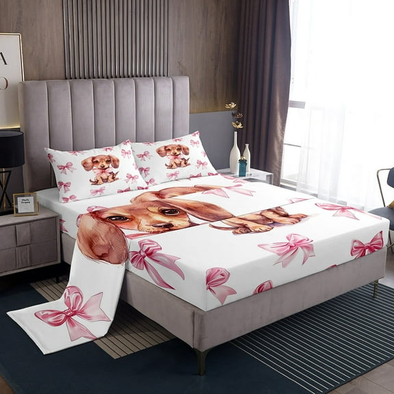 Erosebridal Pink Bow-Tie Twin Sheet Sets, Dachshund Bedding Twin Size, Kawaii Wildlife Decor