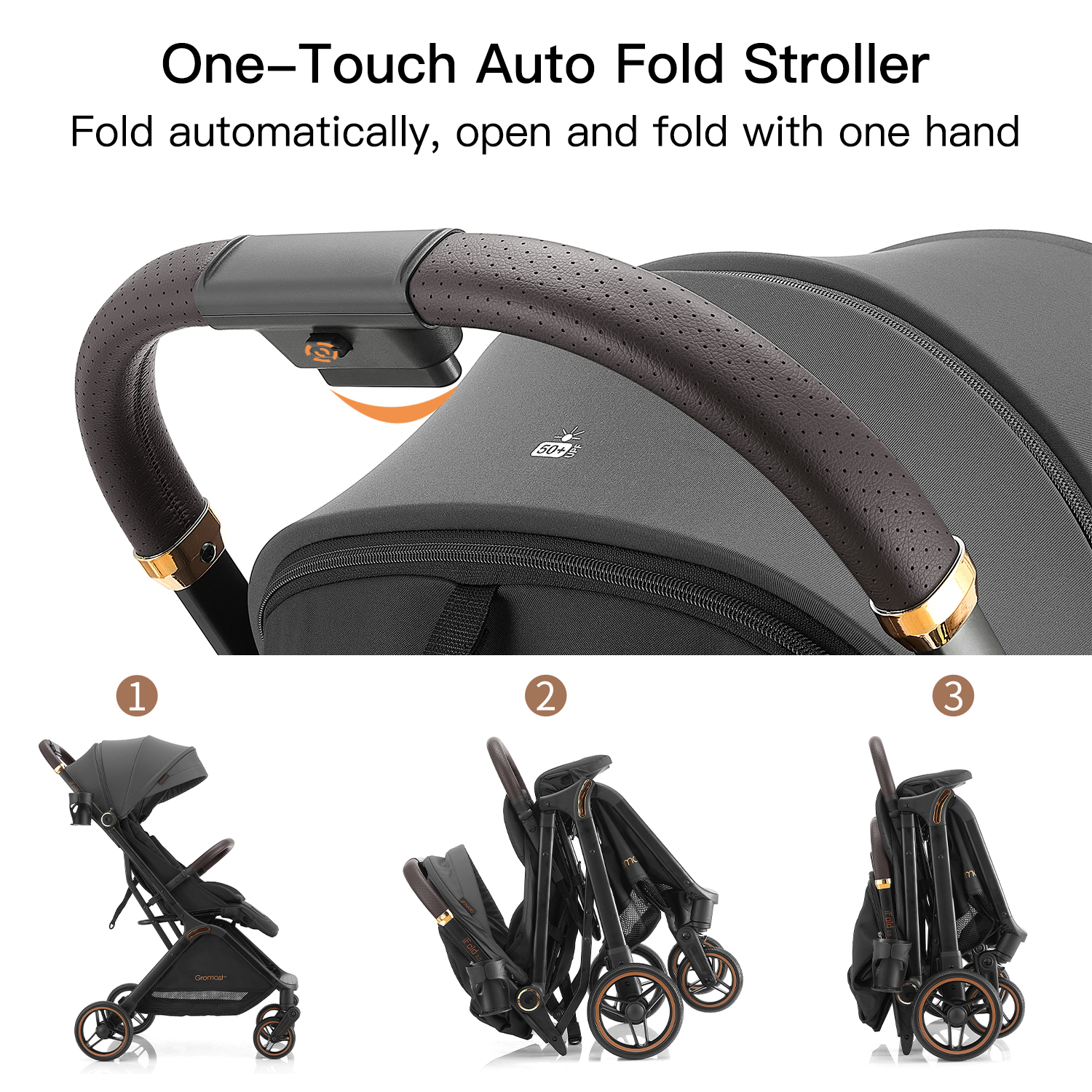 Gravity Folding Baby Stroller - Portable Toddler Stroller w/Adjustable Backrest & Canopy, Lightweight and UV Protected Travel Stroller, One-Hand Automatic Folding - Dark Gray