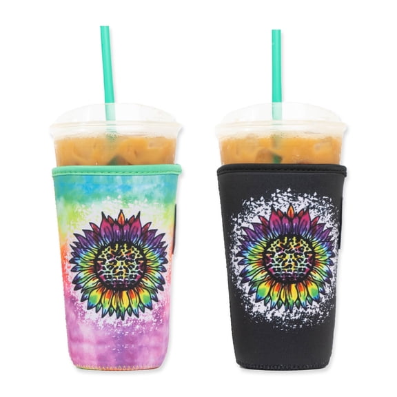 Baxendale and Co 2-Pack Large (32oz) Reusable Neoprene Insulator Sleeve for Iced Coffee or Cold Beverage Cups (Tie Dye & Black Sunflower)