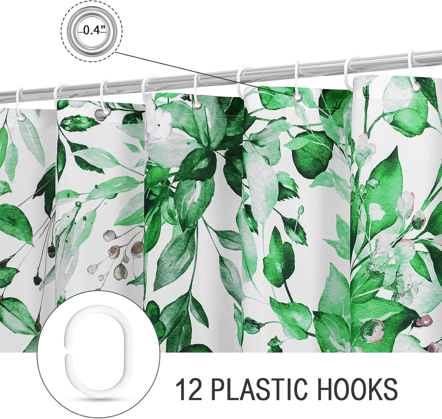 Gibelle Small Stall Shower Curtain 36 x 72, Narrow Emerald Green Floral Shower Curtain for Bathroom, Watercolor Plant Eucalyptus Leaves Fabric Shower Curtain Set with Hooks