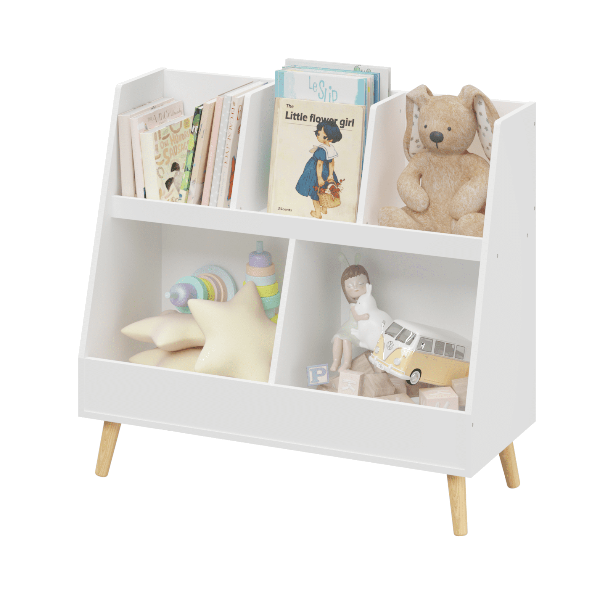 White Kids Bookshelf with 5 Cubbies, 28.54" Toy Organizer for Bedroom & Nursery, 2-Tier Storage Bookcase
