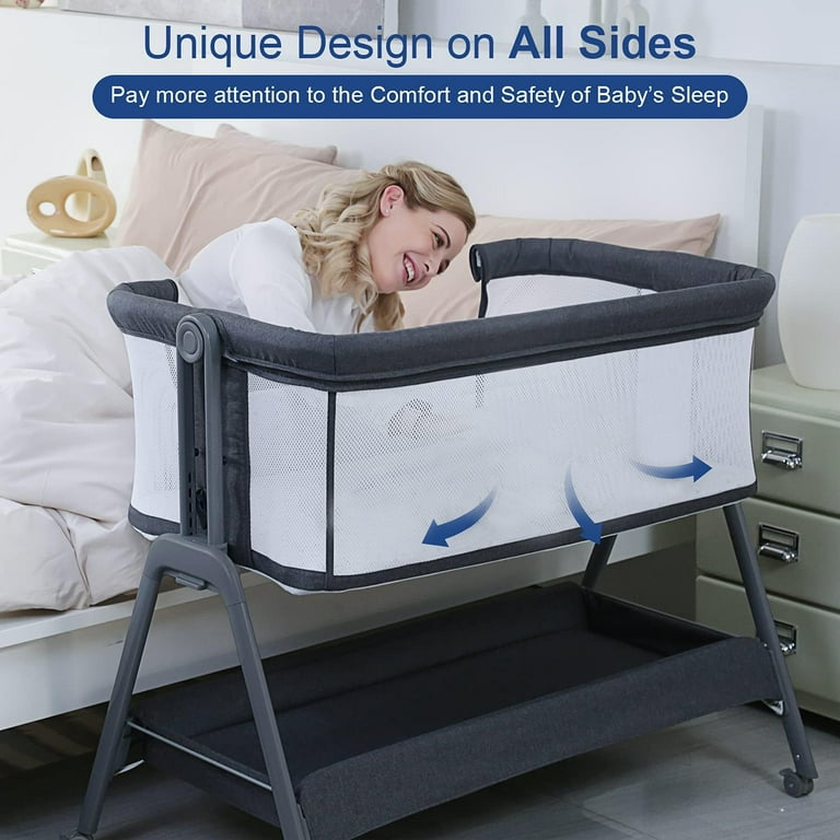 ANGELBLISS Flat Bedside Bassinet with Storage Basket Easy Folding Portable Crib with Wheels Included Breathable Mesh Cozy Mattress Black 0 6