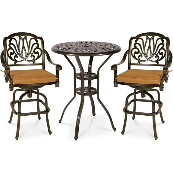 MEETWARM 3-Piece Patio Swivel Bar Set, All-Weather Cast Aluminum Outdoor High Bar Stool Bistro Set for Garden Deck Backyard with 2 Cushions Bar Chairs with Footrest and 31" Bar Table