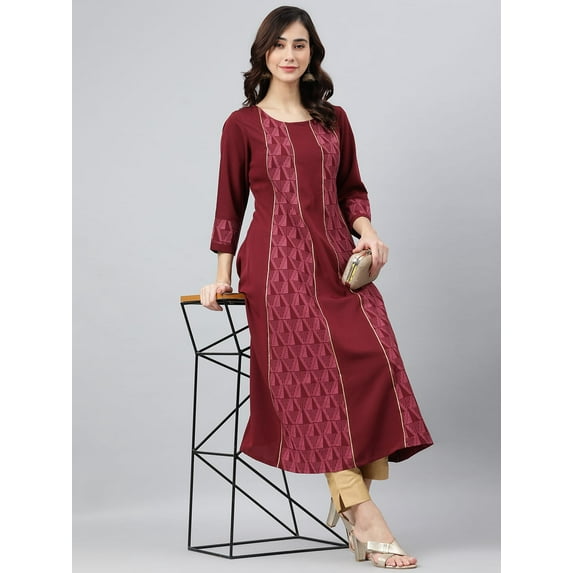 Janasya Indian Round Neck 3/4 Sleeve Geometric Print Wine Poly Crepe Kurta For Women
