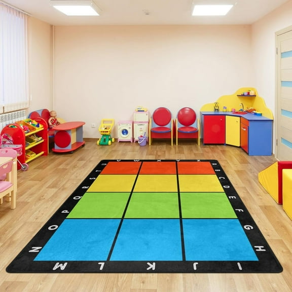 Classroom Carpets Playmat Rugs - Kids Rug With Rubber Backing, Colorful Squares With Letters Classroom Seating Rug Play Mat Nursery Rugs For Preschool Elementary Playroom-1x2ft