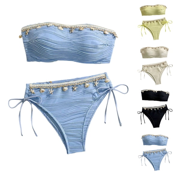 Women's Starfish Bikini Set Strapless Bandeau Top and Tie Side High Cut Bathing Suit Cute Two Piece Swimsuits Yellow
