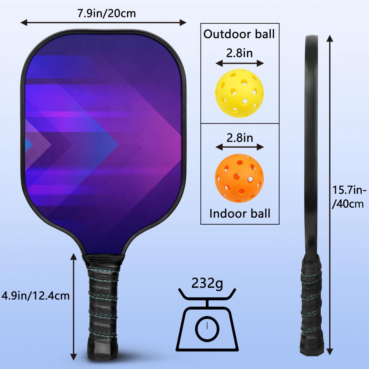 Pickleball Paddles Set Of 2, Fiberglass Surface, Thunder, Speed Print, 4 Balls & Bag