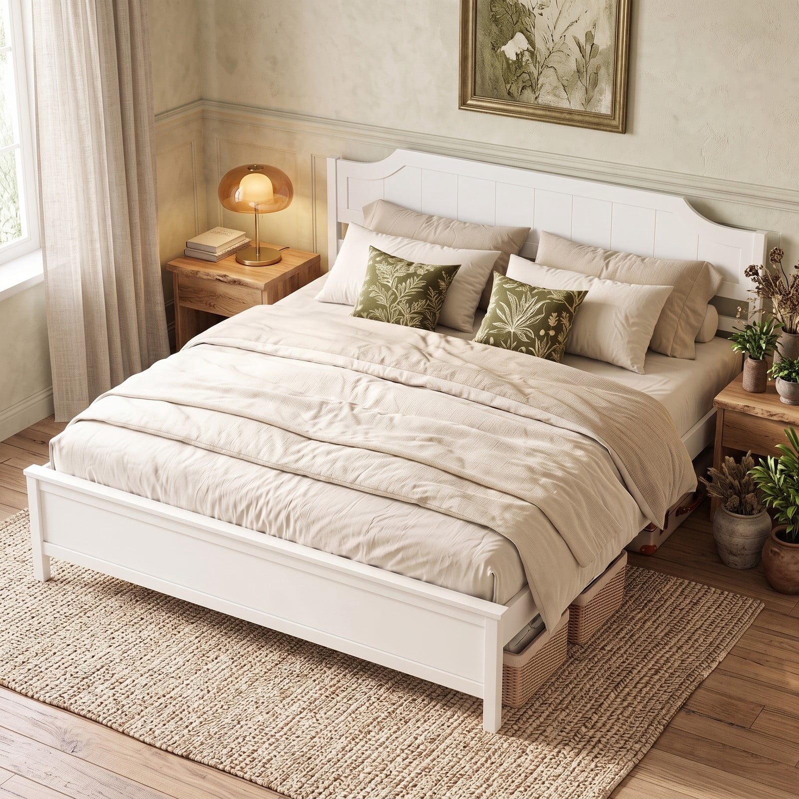 Furnibear King Size Bed Frame, Solid Wood Platform Bed Frame with Curved Headboard and Footboard, King Bed Frame with Headboard No Box Spring, White