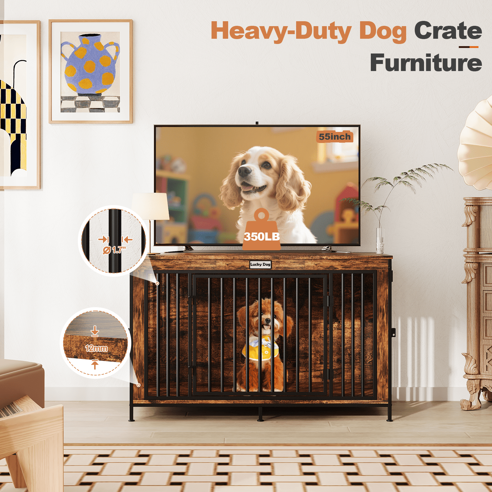 47 Inch Dog Crate Furniture, Large Dog Kennel & End Table, Sturdy Wooden Dog Cage TV Stand with Divider, Decorative Dog House for Medium to Large Dogs