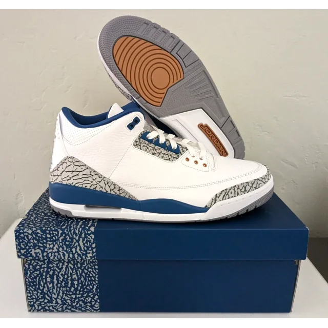 Ni - ke Air Jordan 3 Retro White True Blue Wizards AJ3 CT8532 148 Men's Shoe Size 13