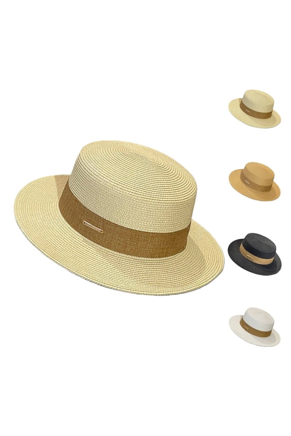 Woven Straw Boater Hat, Wide Brim Sun Panama for Women Men, SPF 50+ UPF Sun Hat for Beach, Vacation, Summer and Outdoor Activities-Black