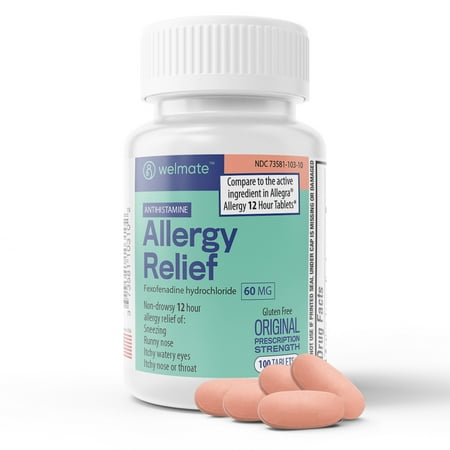 Allergy Relief | Fexofenadine Hydrochloride 60 mg | 100 Count Tablets Allergy Relief | Fexofenadine Hydrochloride 60 mg | 100 Count Tablets Welmate Allergy Relief | Fexofenadine HCl 60mg | 100 Count Tablets Compare to the active ingredient in Allergra Allergy 12 HR Contains Fexofenadine Hydrochloride 60mg that provides 12 hours of non-drowsy allergy relief Relieves symptoms of hay fever or other upper respiratory allergies such as runny nose  sneezing  itching of the nose or throat  and itchy and watery eyes Gluten Free Antihistamine | Proudly Made in the USA