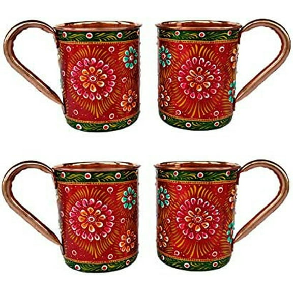 Rastogi Handicrafts Handmade Pure Copper Outer Hand Painted Art Work Wine, Vodka, Beer,Cocktail,Juice, Cold Coffee Straight Mug - Cup 16 oz Pack Of 4 Mug (RED)