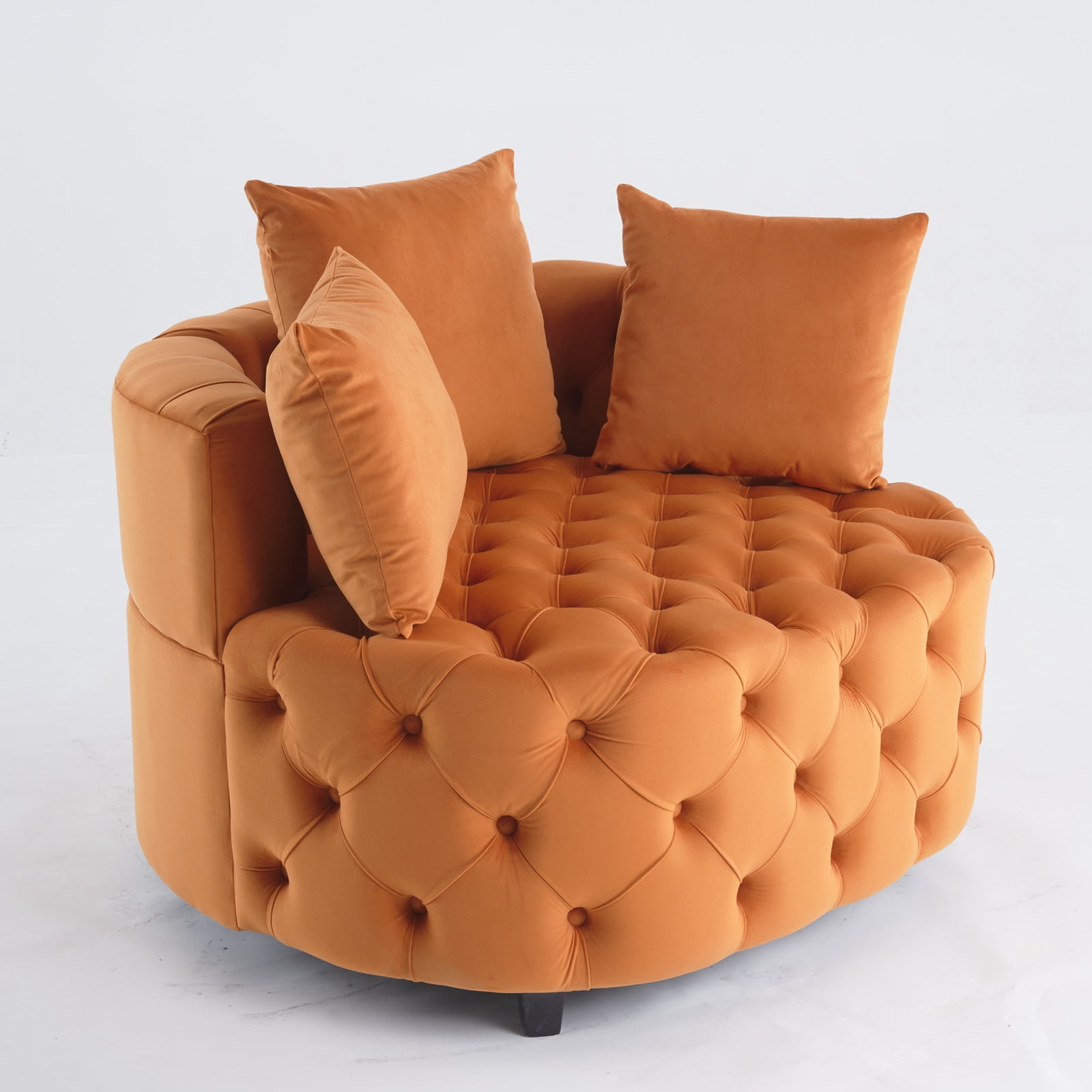 Yoneston Oversized Tufted Barrel Chair, Round Velvet Accent Chair with 3 Pillows, Comfy Lounge Sofa Chair for Living Room Bedroom Hotel Office, Orange