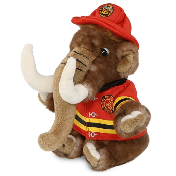 DolliBu Wild Mammoth Firefighter Stuffed Animal - Mammoth Fireman Toy with Red Fireman Costume Outfit and Fireman Hat, Cute Wild Life Stuffed Animal Fire Fighter Doll Plush Toy for Kids - 10 Inch
