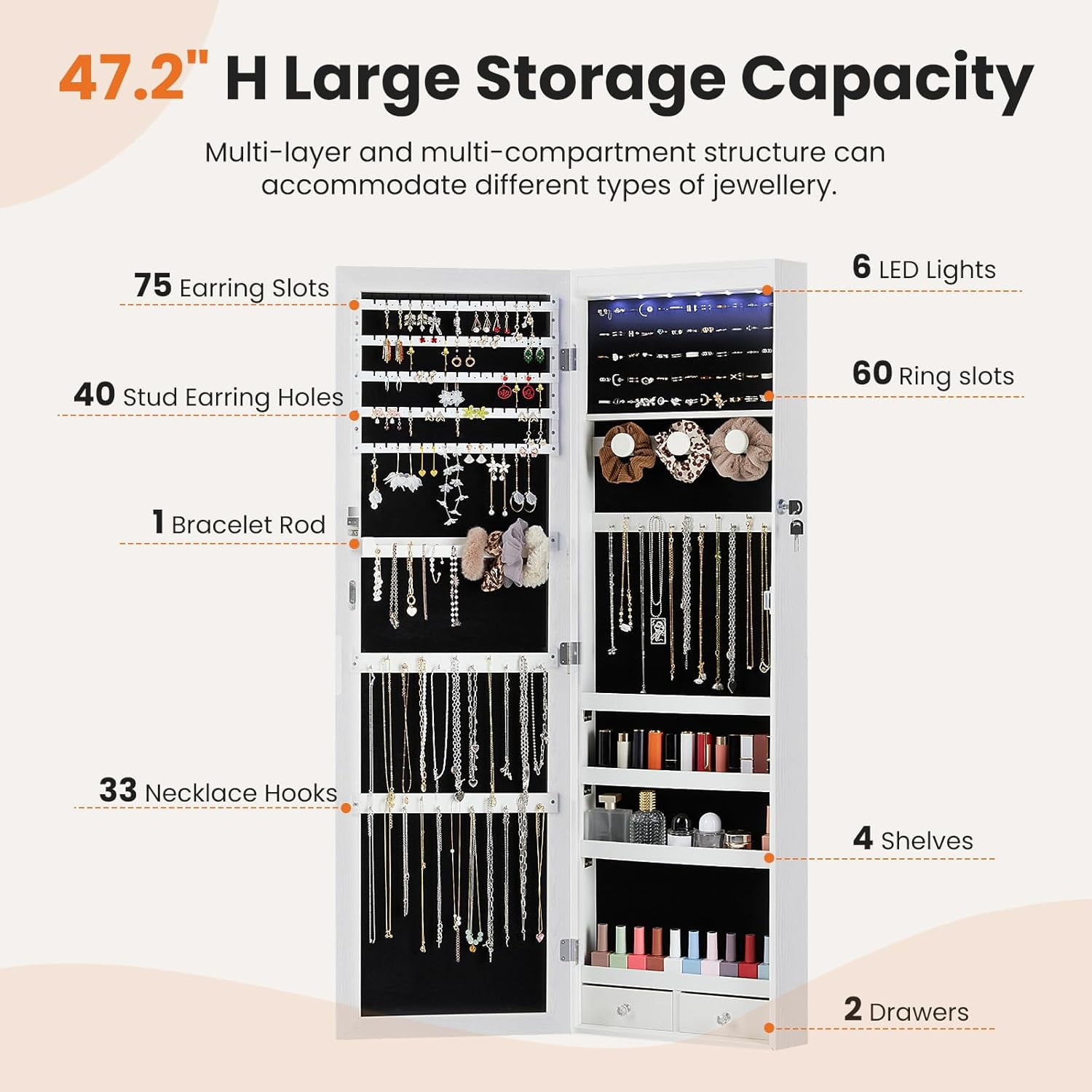 6 LEDs Full Length Mirror with Storage, 47.2'' Jewelry Armoire with Mirror, Lockable Jewelry Storage for Wall or Door Mounted