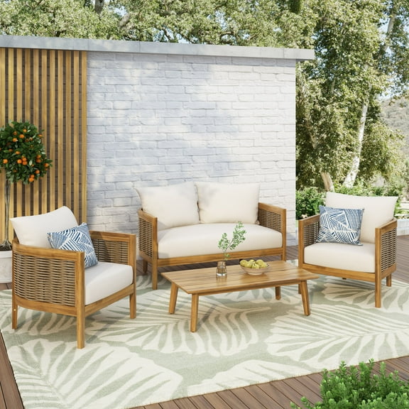 Rattler Acacia Wood 4-Piece Outdoor Chat Set with Cushions, Teak, Mixed Brown, and Beige
