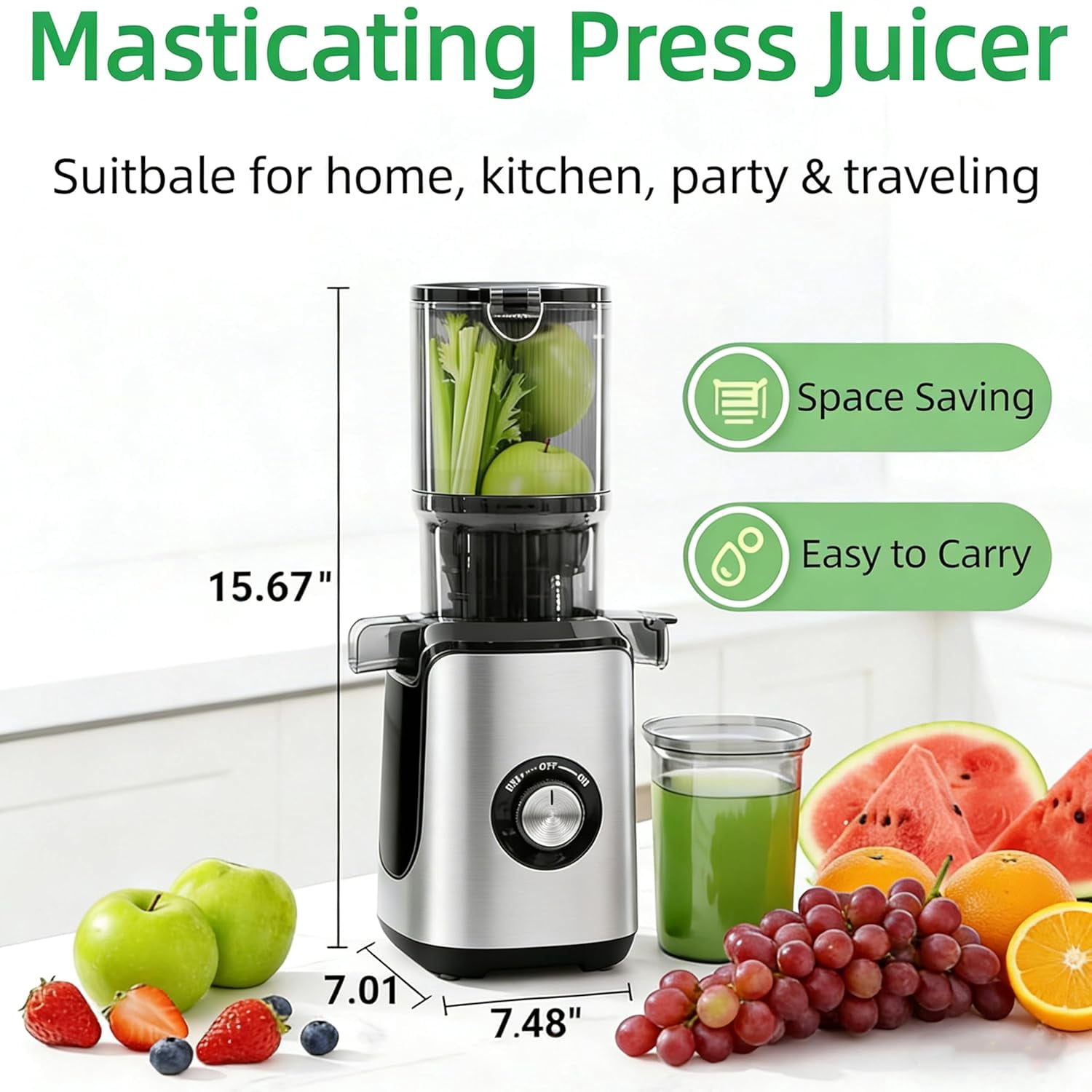 Cold Press Juicer Machine, Slow Masticating Juicer with 4.25" Extra Wide Feed Chute for Whole Fruits & Vegetables, 200W Quiet Motor, High Juice Yield & BPA-Free, Easy to Clean, Silver
