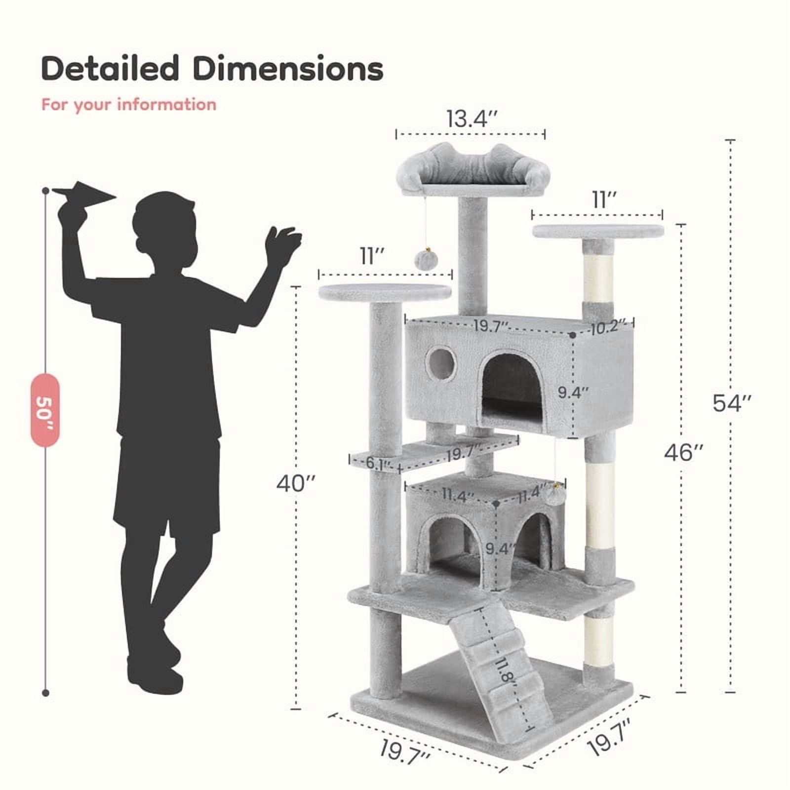 JIOABL 54-Inch Cat Tree Tower - Multi-Level Cat Tower with Large Condo, Natural Sisal Scratching Post, Climbing Ladder, Light Grey