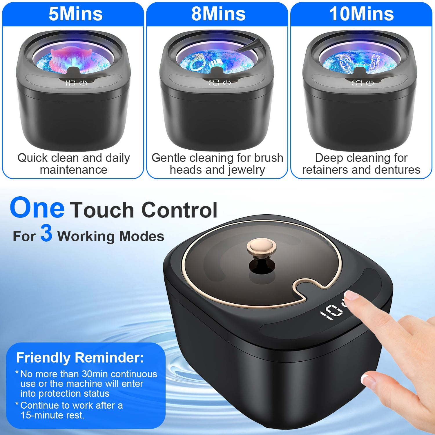Imountek 45kHz Ultrasonic Cleaner for Dentures, Ultrasonic Retainer Cleaner with UV Lights 3 Modes 230ML Capacity for Denture Mouth Guard Aligner Dental Trays Braces Jewelry