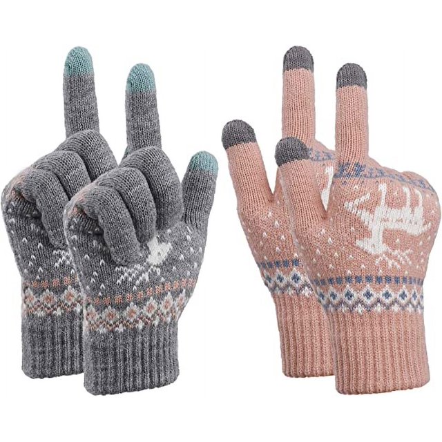 ZHAOCHENG Guantes de invierno para mujer, guantes tejidos para pantalla táctil, cálidos, suaves, con un bonito patrón, talla única, 2 pares (rosa y gris)