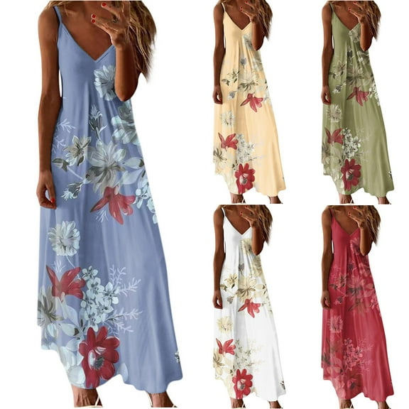 Azrian Womens Plus Size Dresses Summer Fashion Printed V-Neck Sleeveless Suspenders Pullover Dress