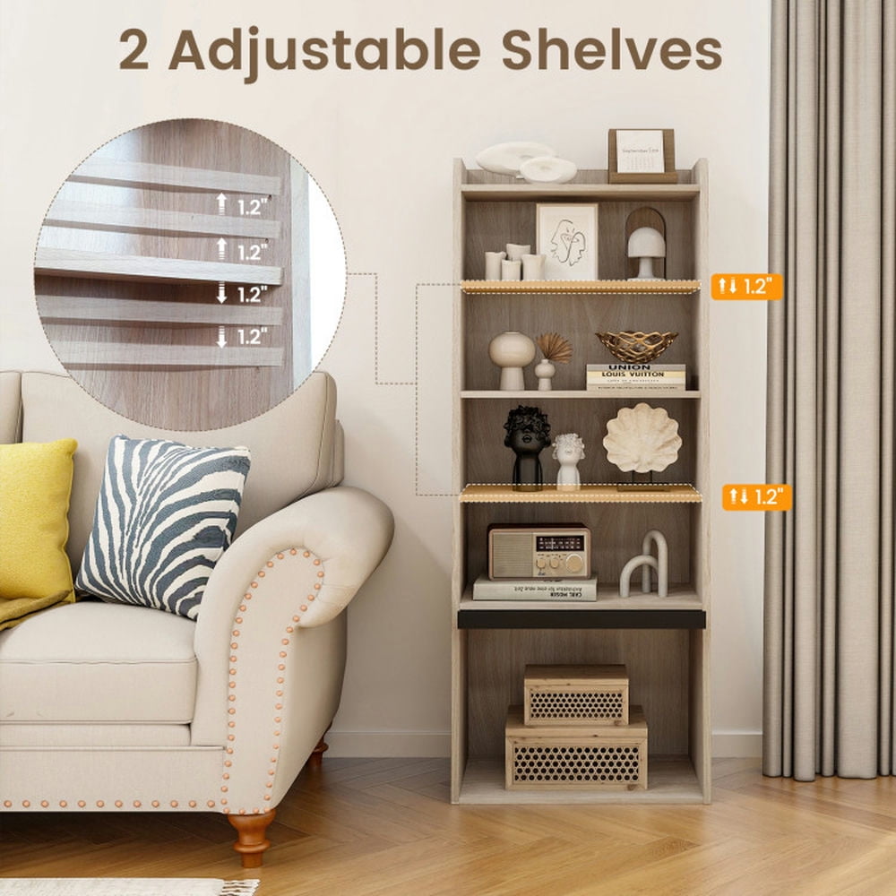 Demi Bonn 6-Tier Bookcase with 2 Adjustable Shelves and Flip Up Door, Freestanding Ladder Bookshelf, Brown