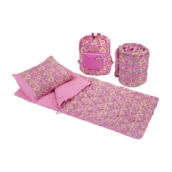 Emily Rose Kids 3-Piece Girls Sleeping Bag Set - Includes Thick Soft Slumber Bag, Carry Case, and Pillow Case | Toddler Sleeping Bag for Travel Naps and Sleepovers | Kids Nap Mat Playful Hearts Design
