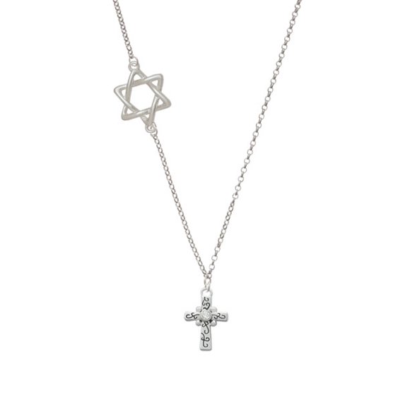 Scroll Cross with Clear Crystal Delicate Star of David Necklace