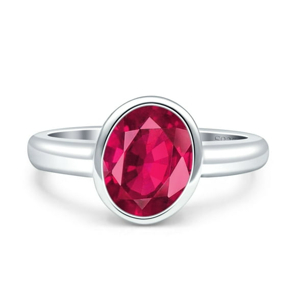 Bezel Set 10mmX8mm Oval Ring Simulated Ruby CZ 925 Sterling Silver