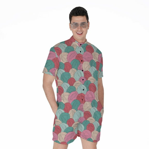 Yarn Balls Pattern Short Sleeve Men'S Rompers Casual Summer Jumpsuits Outfit