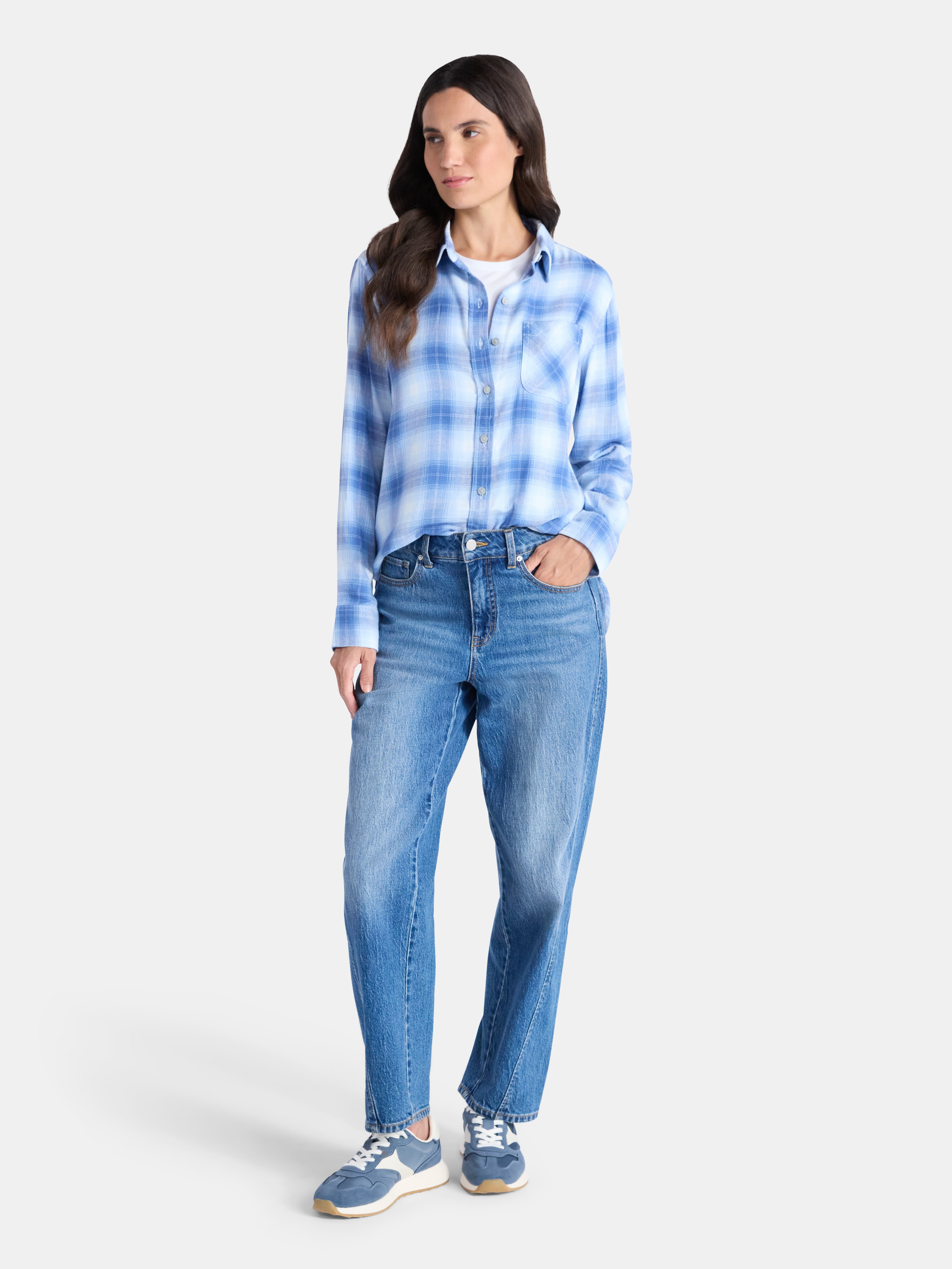 Time and Tru Women's Flannel Shirt with Long Sleeves, Sizes XS-XXXL