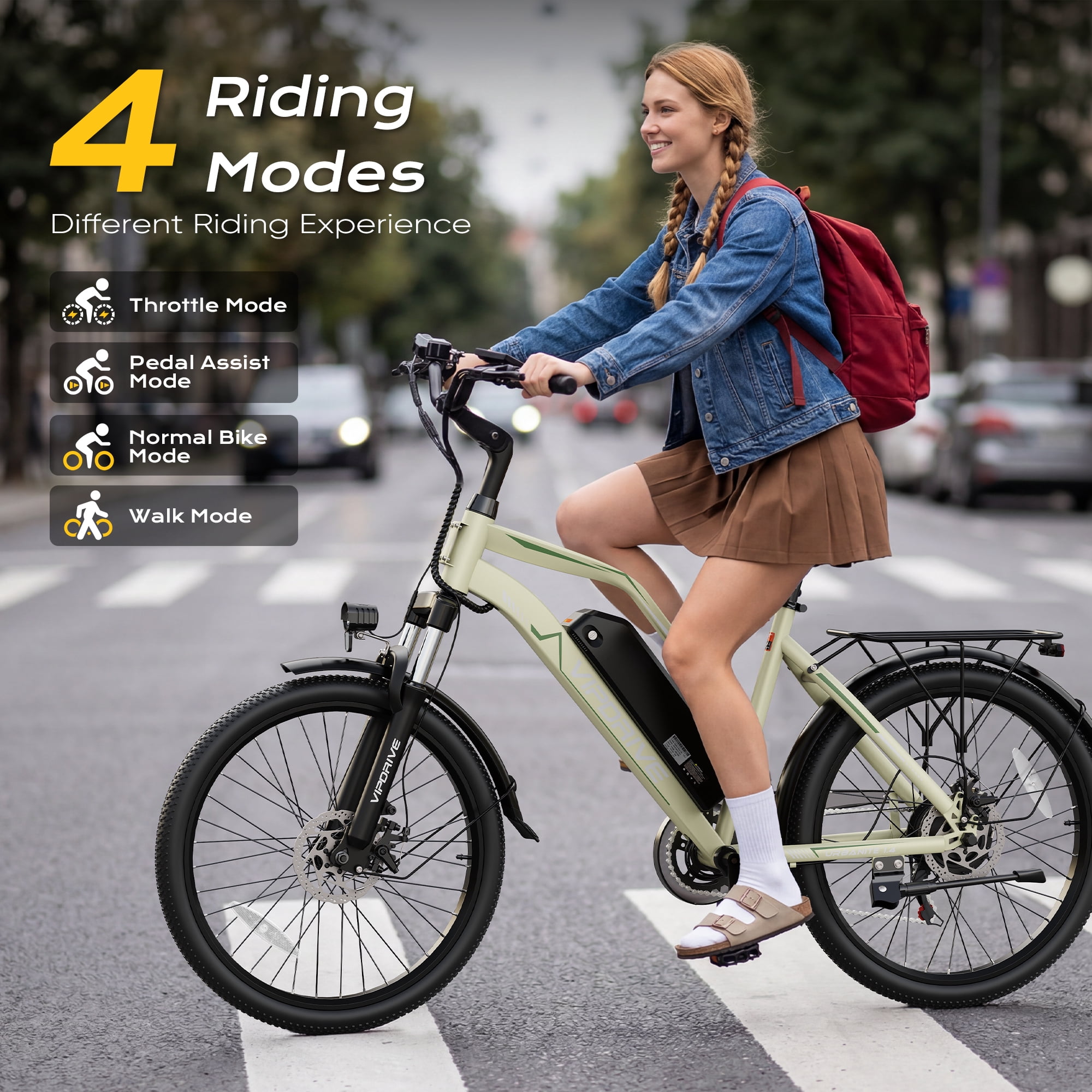 VIPDRIVE Electric Bike - 24'' Adult E Bike, Peak 750W 20MPH City Cruiser E-Bike with 48V7.8AH Removable Battery with Fork Suspension and Dual Disc Brakes（UL2849)